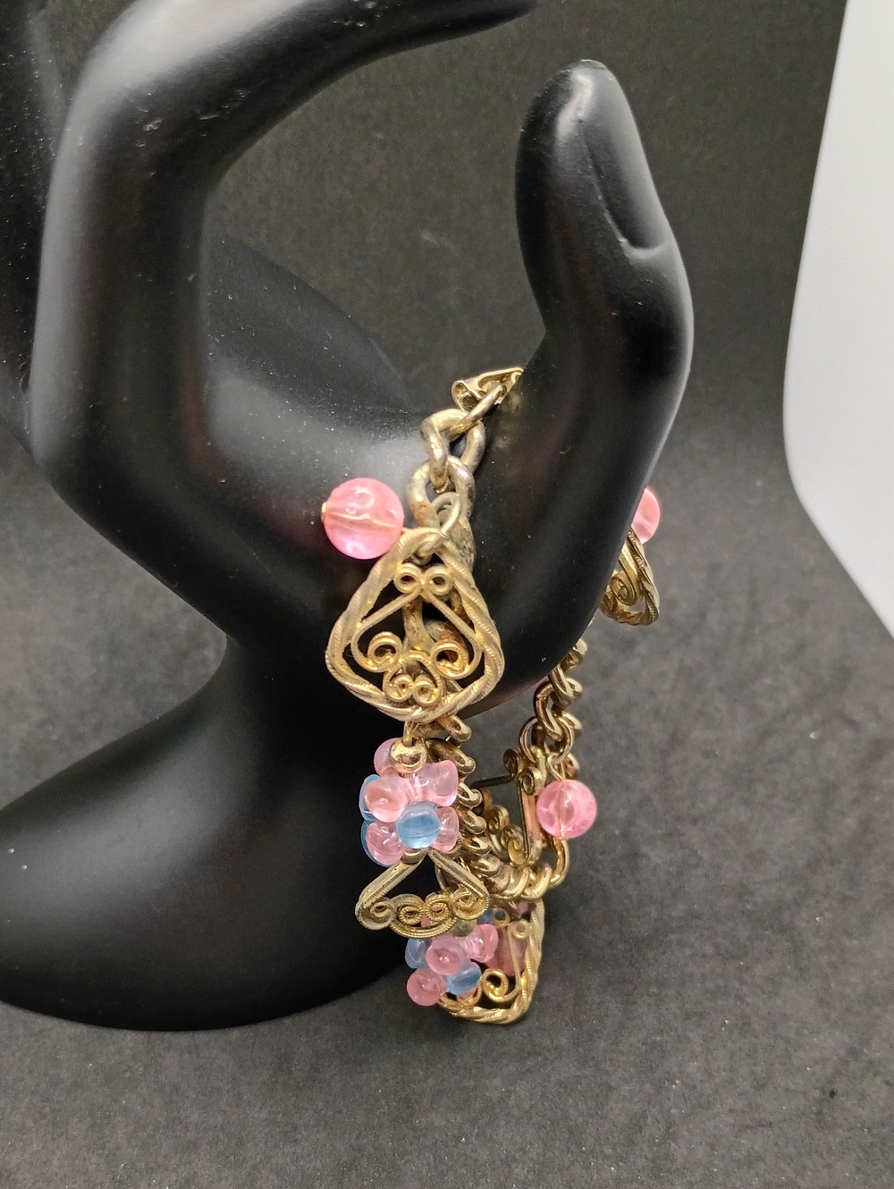 Vintage Gold Filigree Bracelet with Pink and Blue Beads